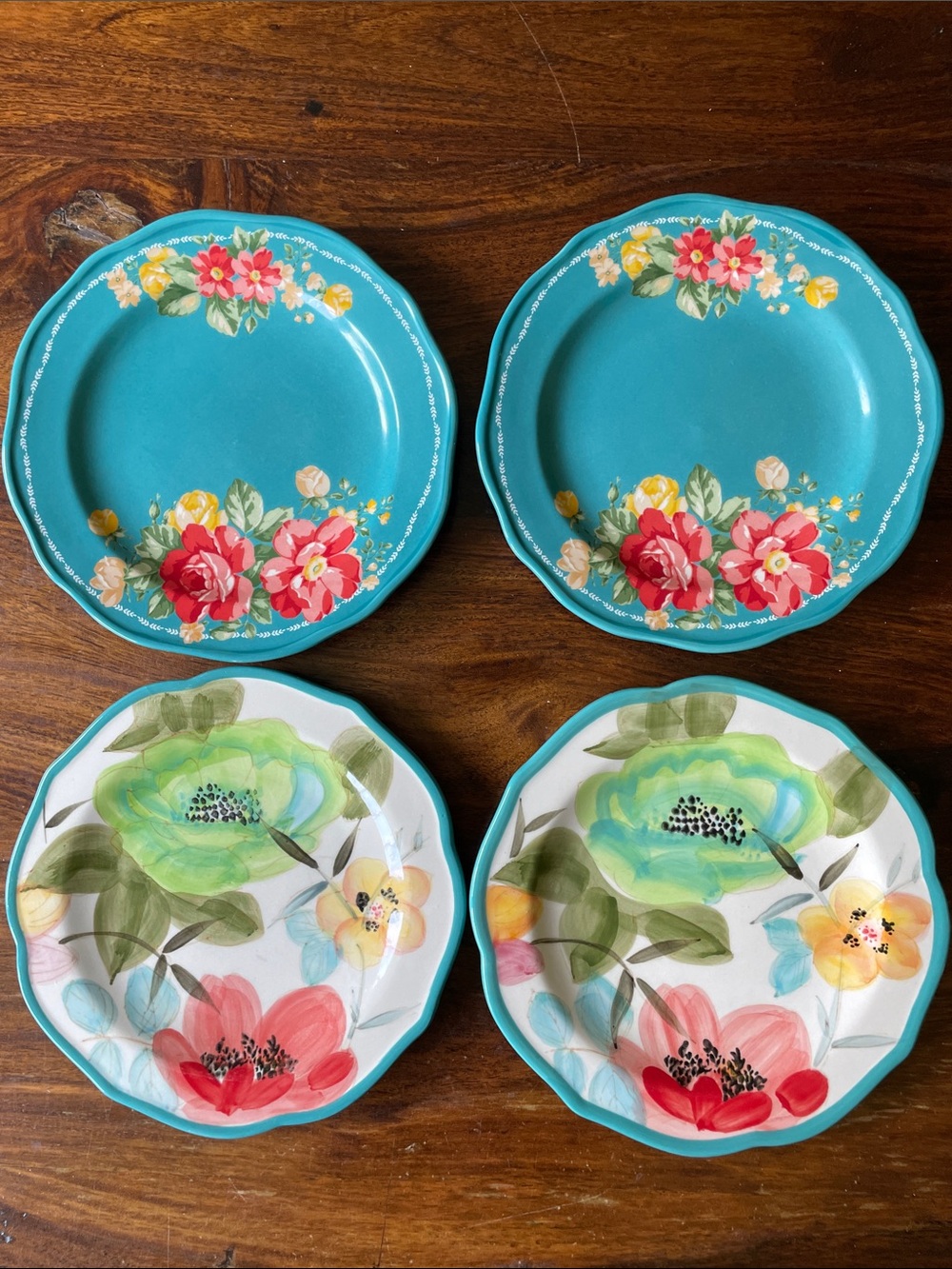 4 Pioneer Woman Floral Ceramic Salad/Dessert Plates Turquoise mismatched